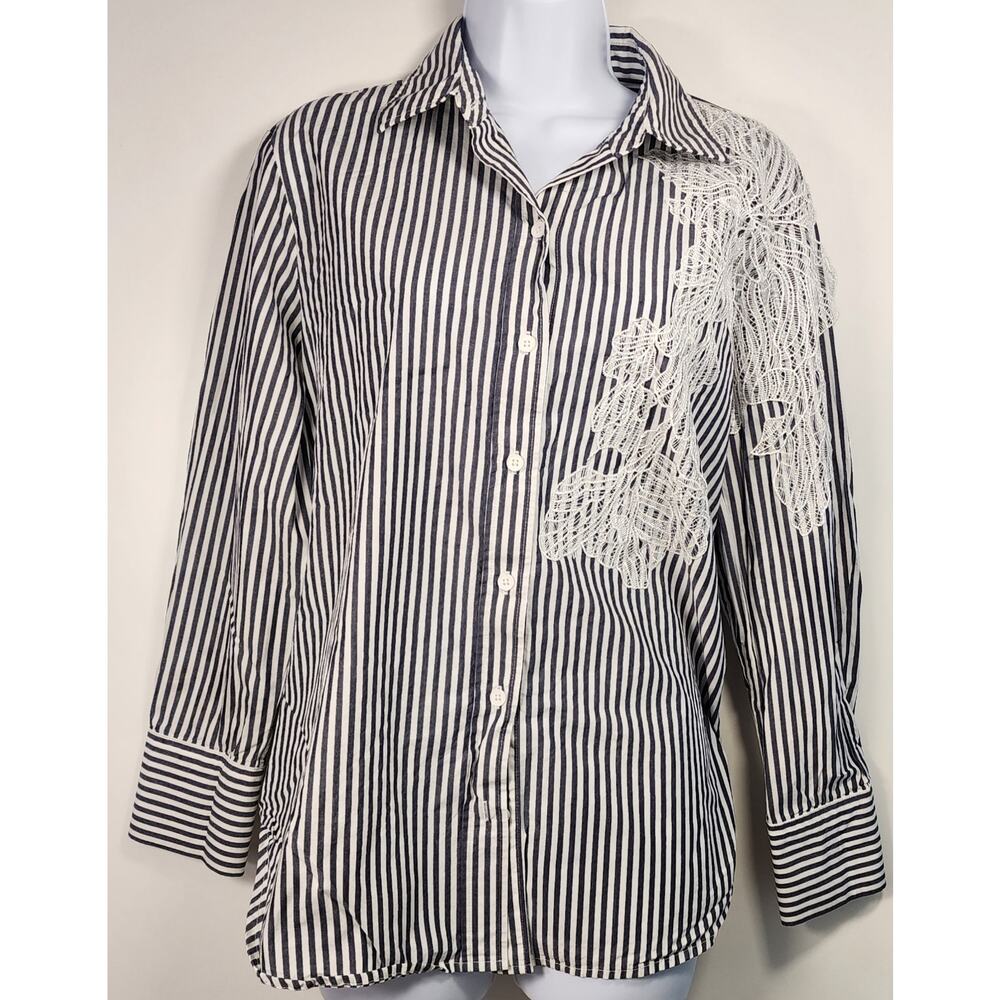 Anne Klein Women Button Up Shirt Size M‎ Coastal Preppy Lace Minimalist